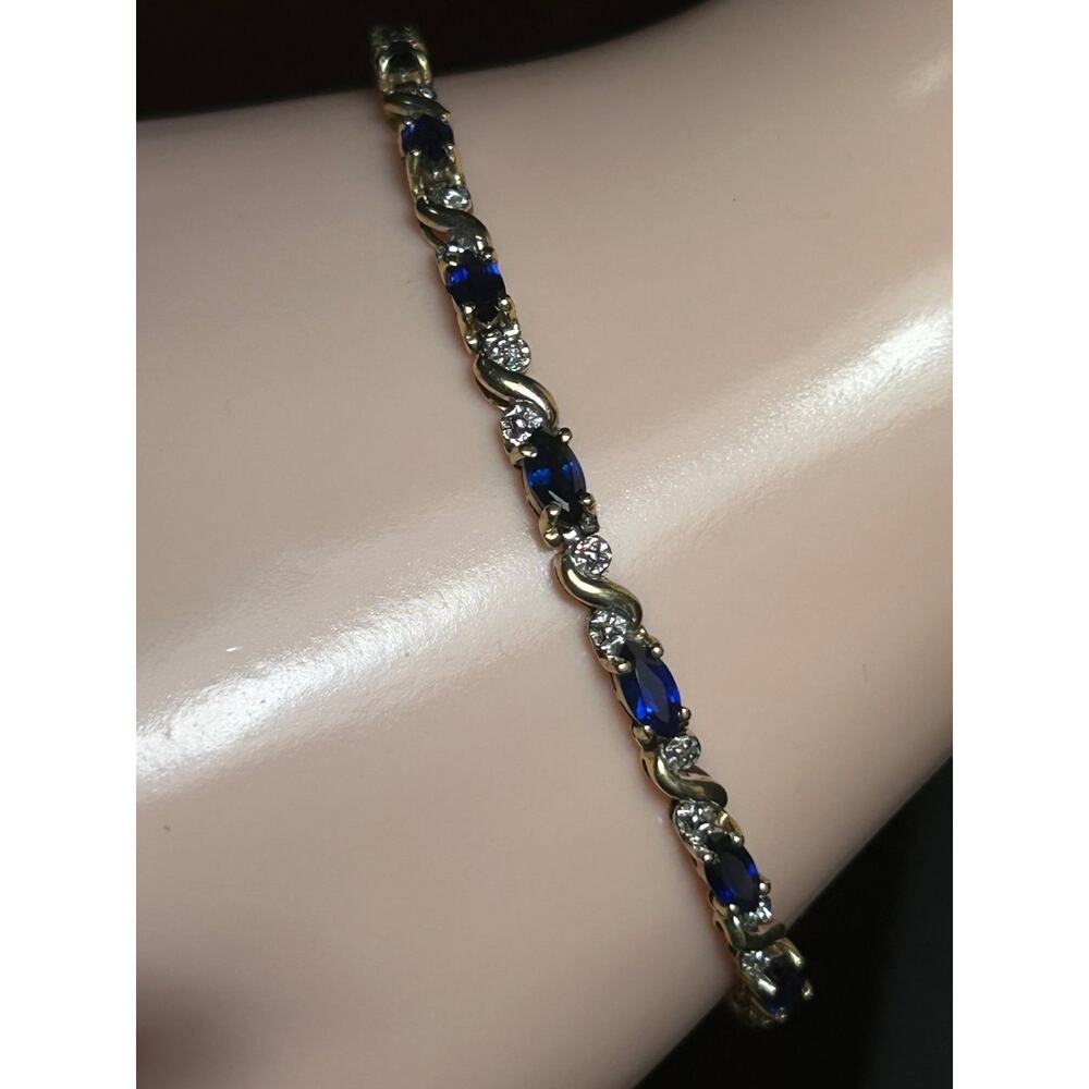 Vintage 10k solid white gold blue sapphire and diamonds accented tennis bracelet